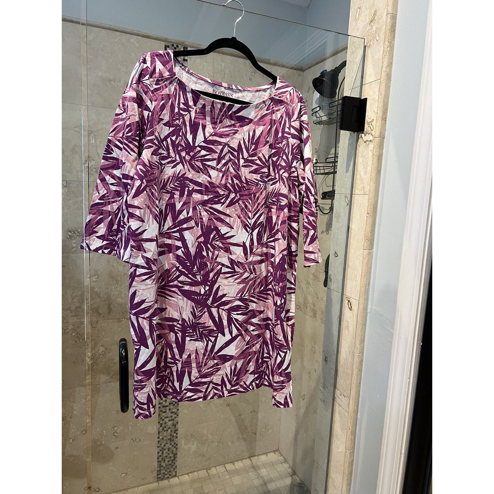 Roamans Women Purple Pink Leaf Print Cotton Blouse Top Plus Size 18/20 L